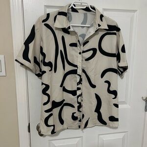 Abstract Patterned Black and Cream button up Shirt